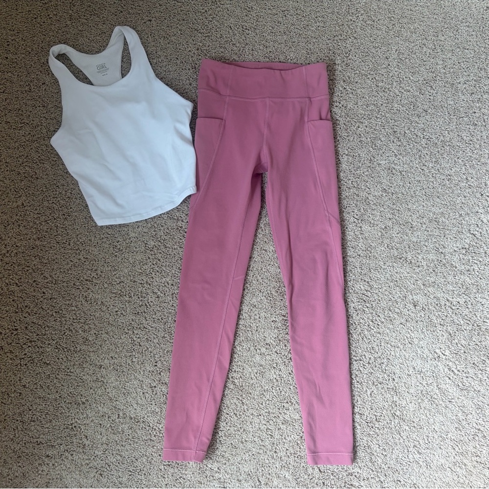 Athleta White Sports tank w/shelf bra and pink Athleta Girls leggings w/pockets